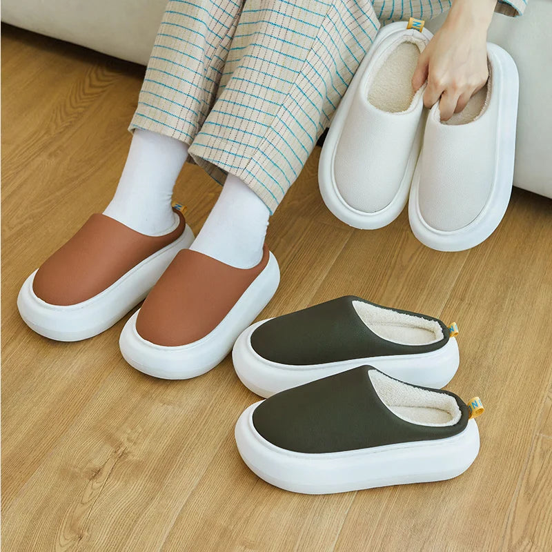 UTUNE Thick Bottom Plush Warm Slippers Waterproof Outdoor Indoor Home Autumn Winter Slides Soft Sole Non-Slip Luxury Shoes