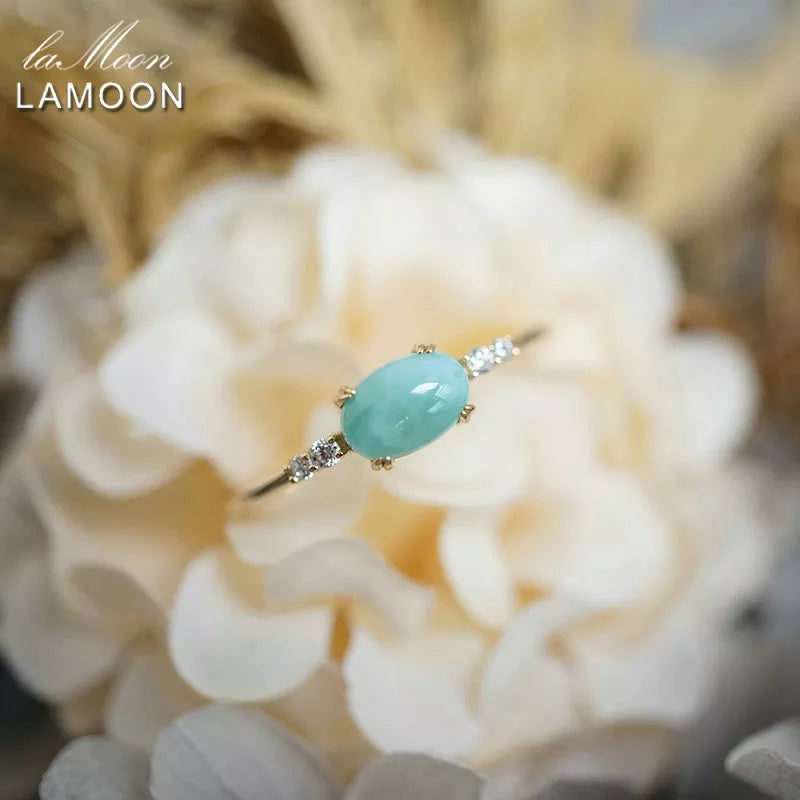 LAMOON Gemstone Rings Natural Larimar Ring For Women 925 Sterling Silver K Gold Plated Sea Pattern Blue Stone Fine Jewelry RI184