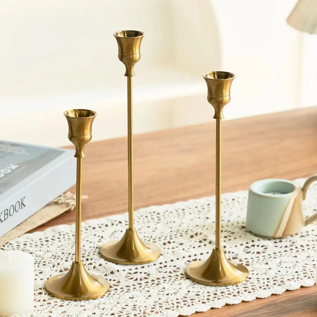 3pc Candlestick Holders Kit Brass Gold Candlestick Set Candle Holders Decorative Candlestick Stand for Wedding Party Dinning