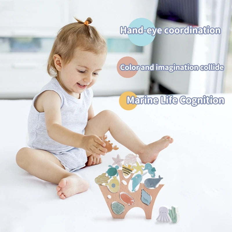 Wooden Montessori Toys for Baby Ocean Animal Balance Blocks Board Games Educational Toys Children Stacking Gift Toy Set