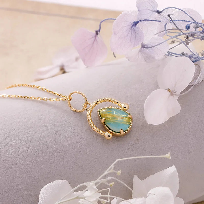 LAMOON Vintage Bijou Gemstone Pendant Necklace For Women Natrual Rutilated Quartz Turquoise S925 Silver Gold Plated Fine Jewelry