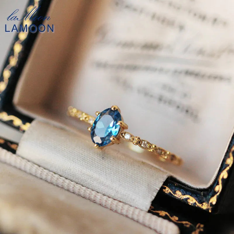 LAMOON Natural Topaz Rings For Women Gemstone Ring Blue Topaz 925 Sterling Silver K Gold Plated Wedding Engagement RI178