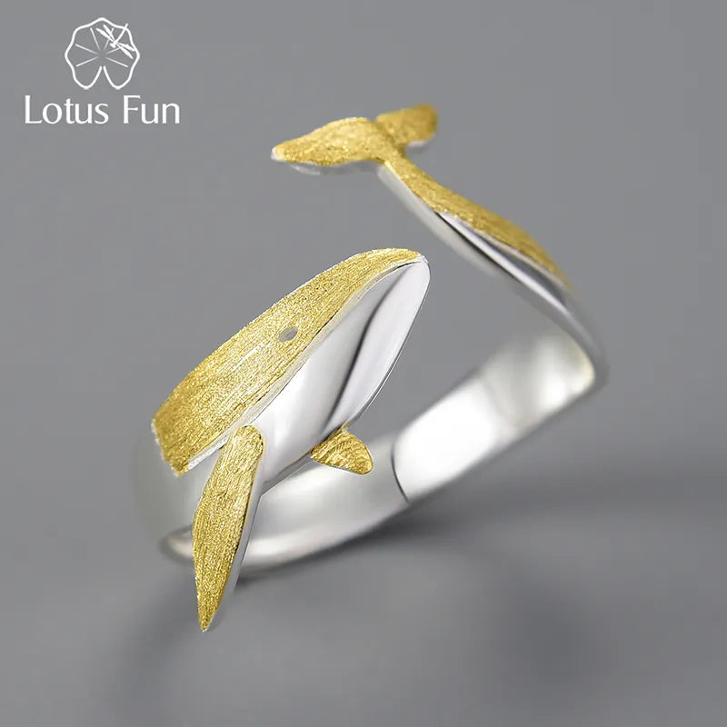 Lotus Fun 18K Gold Personality Whale Dating Adjustable Rings for Women Original 925 Sterling Silver Luxury Quality Fine Jewelry