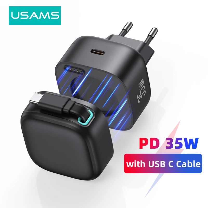USAMS Magnetic USB GaN Charger 35W Type C PD Fast Phone Charger EU US UK Plug Built Quick Charge Cable for iPhone Xiaomi Samsung