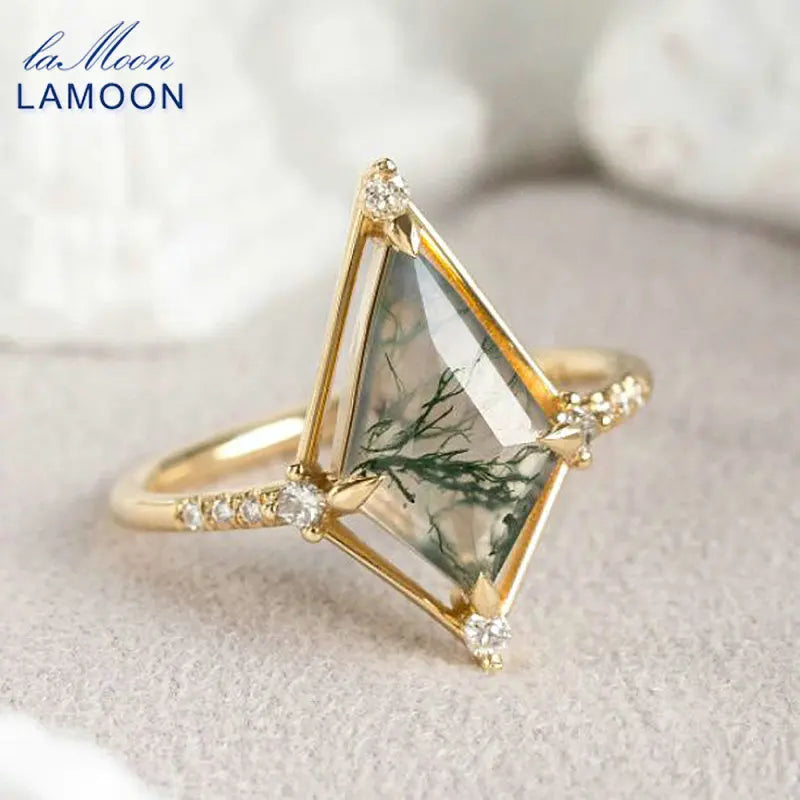 LAMOON Vintage Frace Style Bijou Natural Gemstone Green Moss Agate Ring For Women 925 Sterling Silver Gold Plated Jewelry Gift