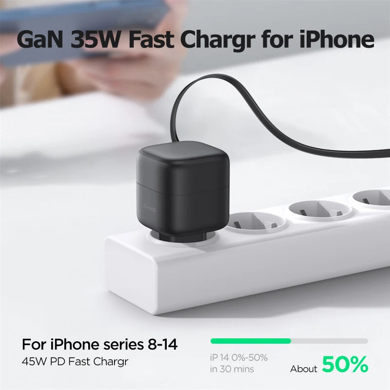 USAMS Magnetic USB GaN Charger 35W Type C PD Fast Phone Charger EU US UK Plug Built Quick Charge Cable for iPhone Xiaomi Samsung