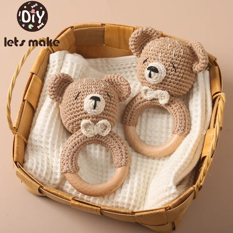 1PC Crochet Animal Bear Rattle Toy Soother Bracelet Wooden Teether Ring Baby Product Mobile Pram Crib Wooden Toys Newborn Gifts