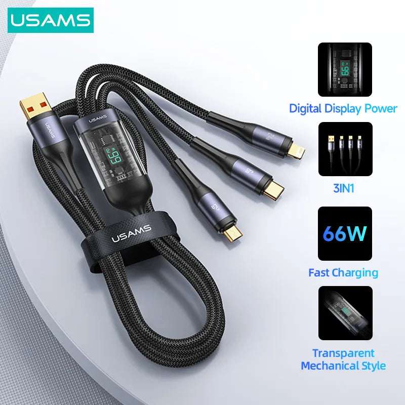 USAMS 100W 3 in 1 Type C Cable Digital Display PD Fast Charging Cable USB C 3 in1 For iPhone iPad MacBook Xiaomi Samsung Huawei
