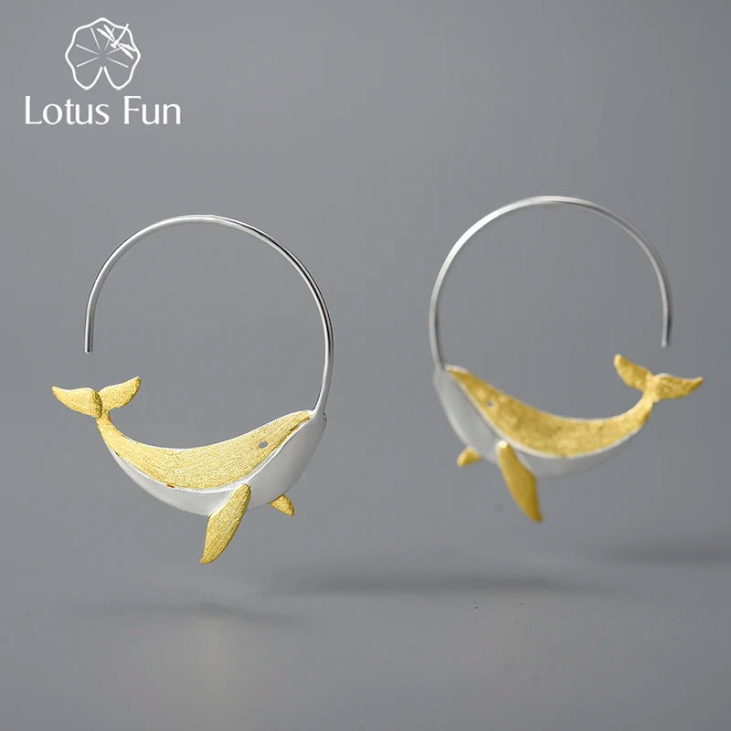 Lotus Fun 18K Gold Personality Whale Round Hoop Earrings for Women Real 925 Sterling Silver Original Animal Fashion Fine Jewelry